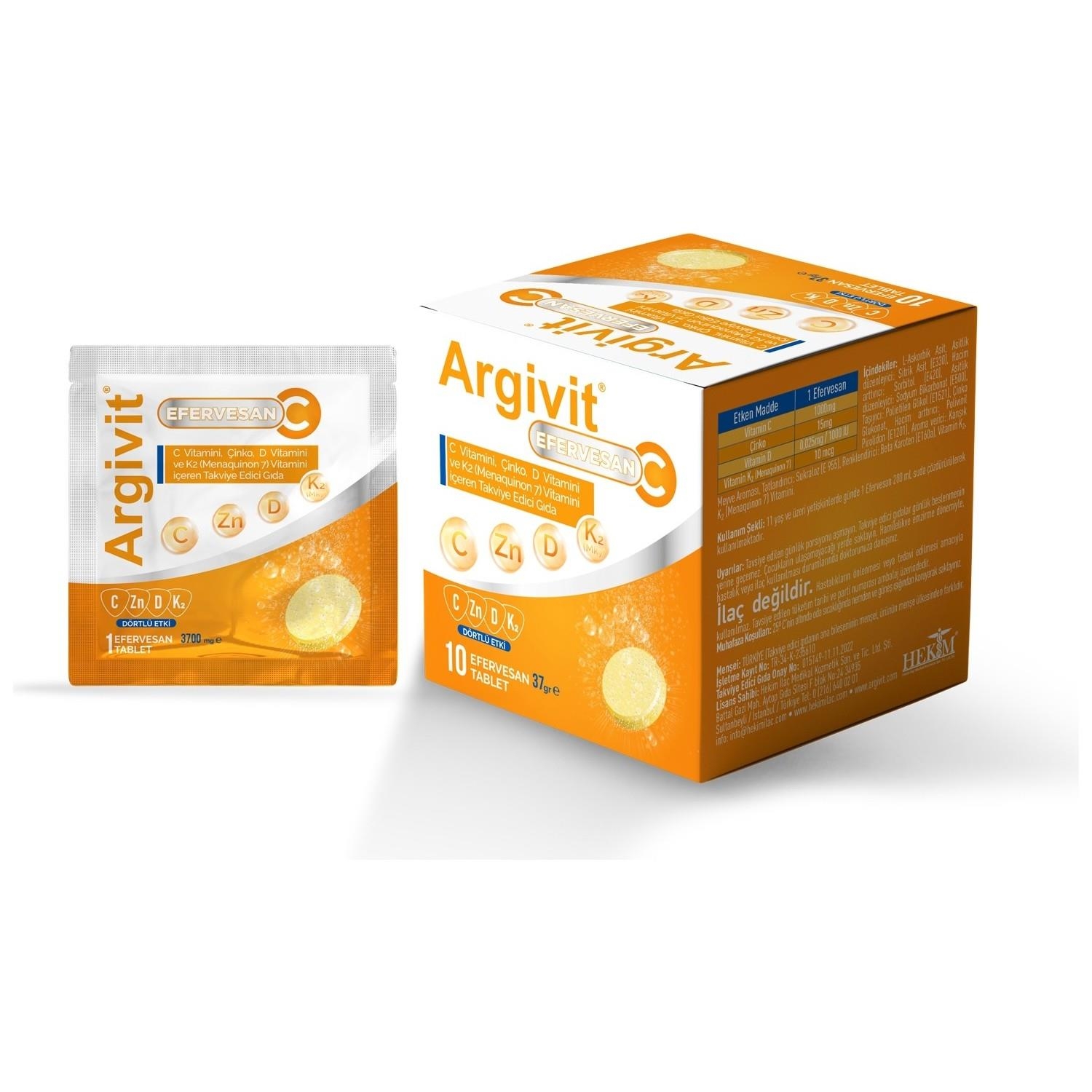 Argivit Efervesan C Vitamini, Çinko, D Vitamini ve K2 Vitamini İçeren 10 Saşe - 1