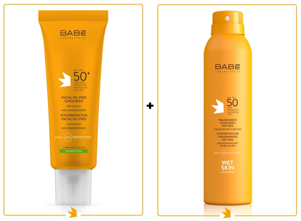Babe Facial Oil Free Sunscreen Cream SPF50+ 50 ml + Babe Transparent Sunscreen Wet Skin Spf 50+ 200 ml - 1