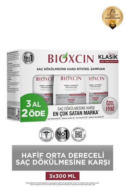 Bioxcin Klasik Bitkisel Kuru ve Normal Saçlar için Dökülme Karşıtı Şampuan 3x300 ml - BİOXCİN