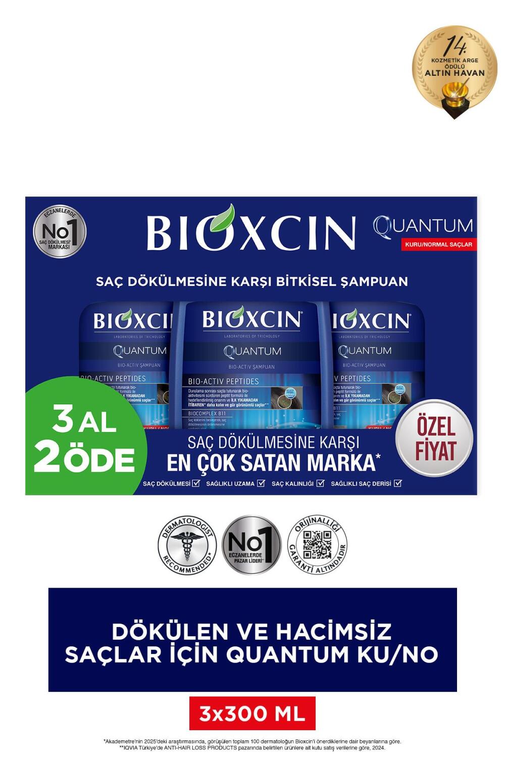 Bioxcin Quantum Kuru ve Normal Saçlar Hacim Veren Şampuan 3x300 ml - 1