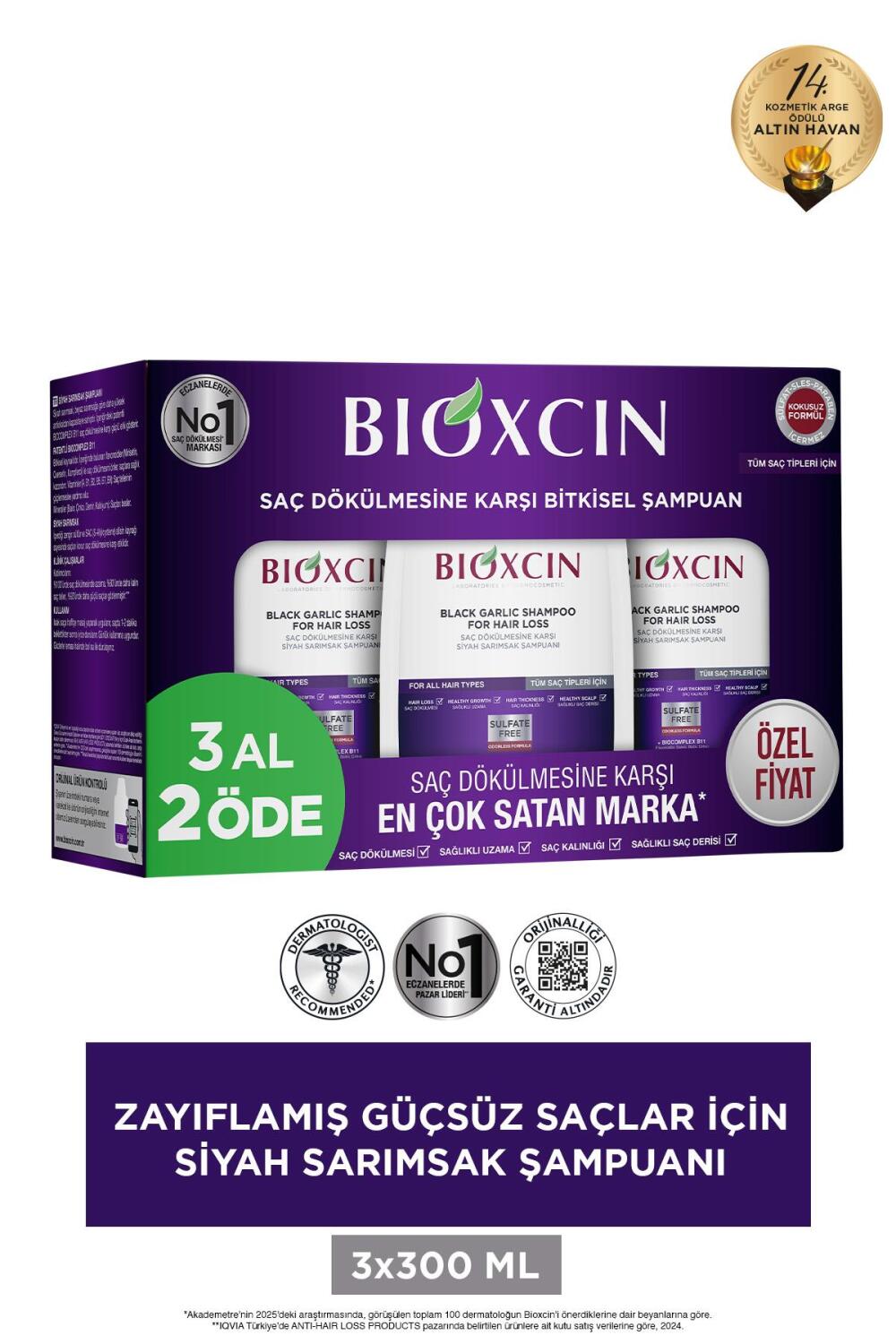 Bioxcin Siyah Sarımsaklı Saç Dökülmesine Karşı Sülfatsız Şampuan 3x300 ml - 1