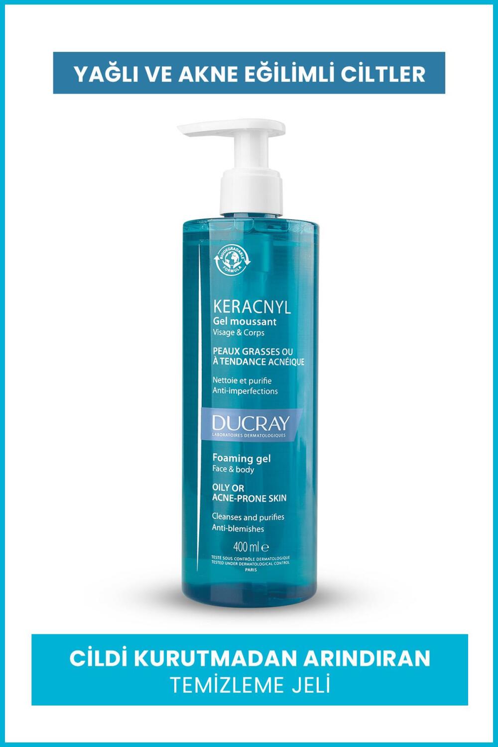 Ducray Keracnyl Jel Yağlı ve Akneye Eğilimli Ciltler İçin Temizleme Jeli 400ml - 1