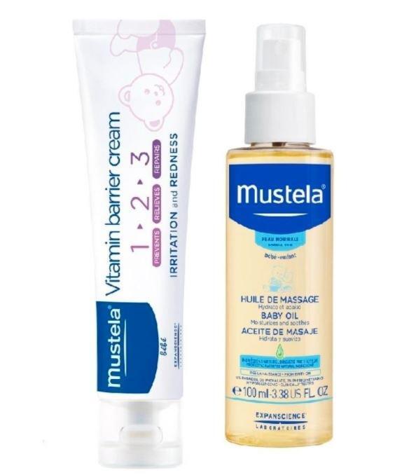 Mustela Baby Oil Masaj Yağı 100 ml+Vitamin Barrier Cream 1.2.3 Pişik Kremi 100 ml - 1