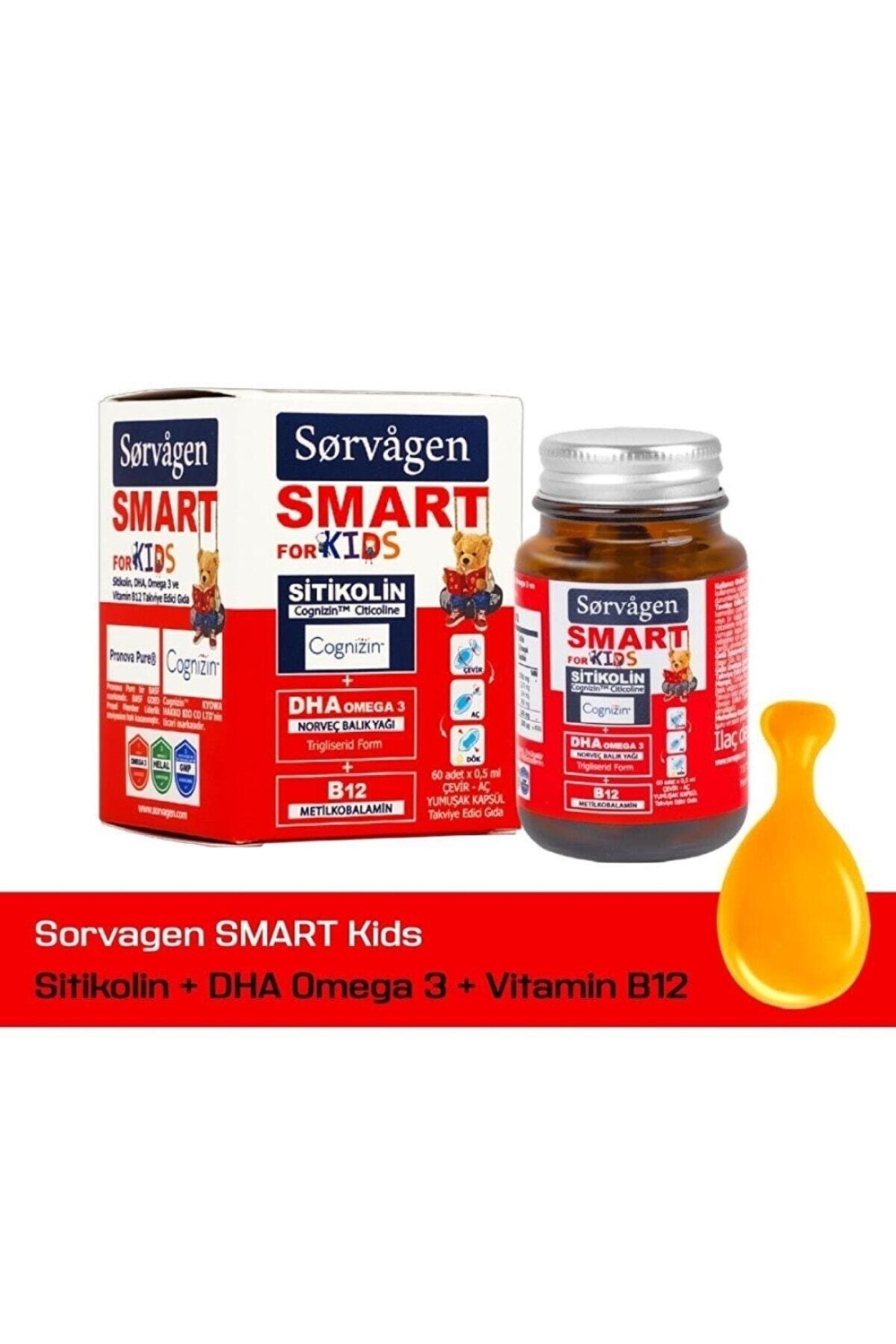 Sorvagen Smart Kids (Çocuklar için) Sitikolin, Dha Omega 3 Norveç Balık Yağı, B12 60 Kapsül - 1